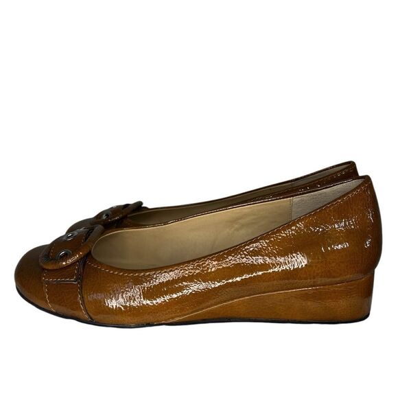 Perlina Kay Patent Leather Wedge Heel Shoes Womens 9M Brown Buckle Round Toe - Picture 5 of 6